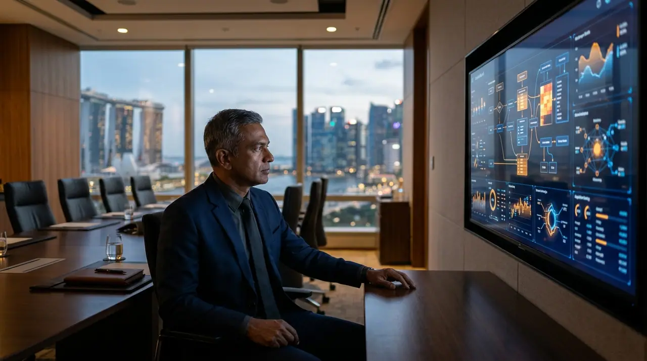 A Singapore boardroom in warm evening light, a single executive studies a glowing analytics dashboard, charts and decision-flows visible, deep focus, shallow depth of field, cinematic navy and charcoal tones with amber accent light, no text