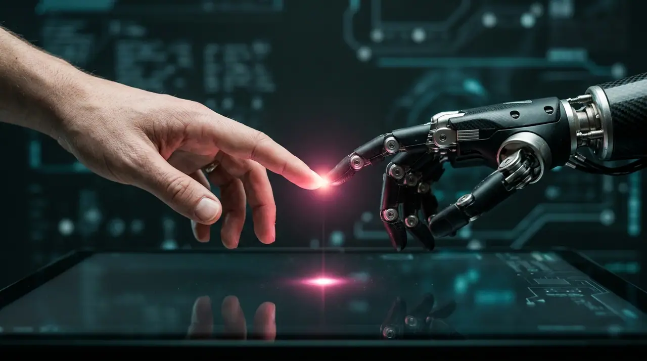 A close-up of two hands — one human, one rendered as a precise mechanical prosthetic — reaching toward a shared decision point over a glowing interface, conceptual, cinematic, shallow depth of field, charcoal and deep teal palette with a warm magenta accent at the decision node, no text or logos