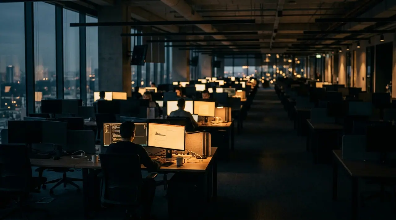 A vast corporate operations floor at dusk where empty desks meet glowing workstations, suggesting a workforce being quietly rearchitected rather than emptied
