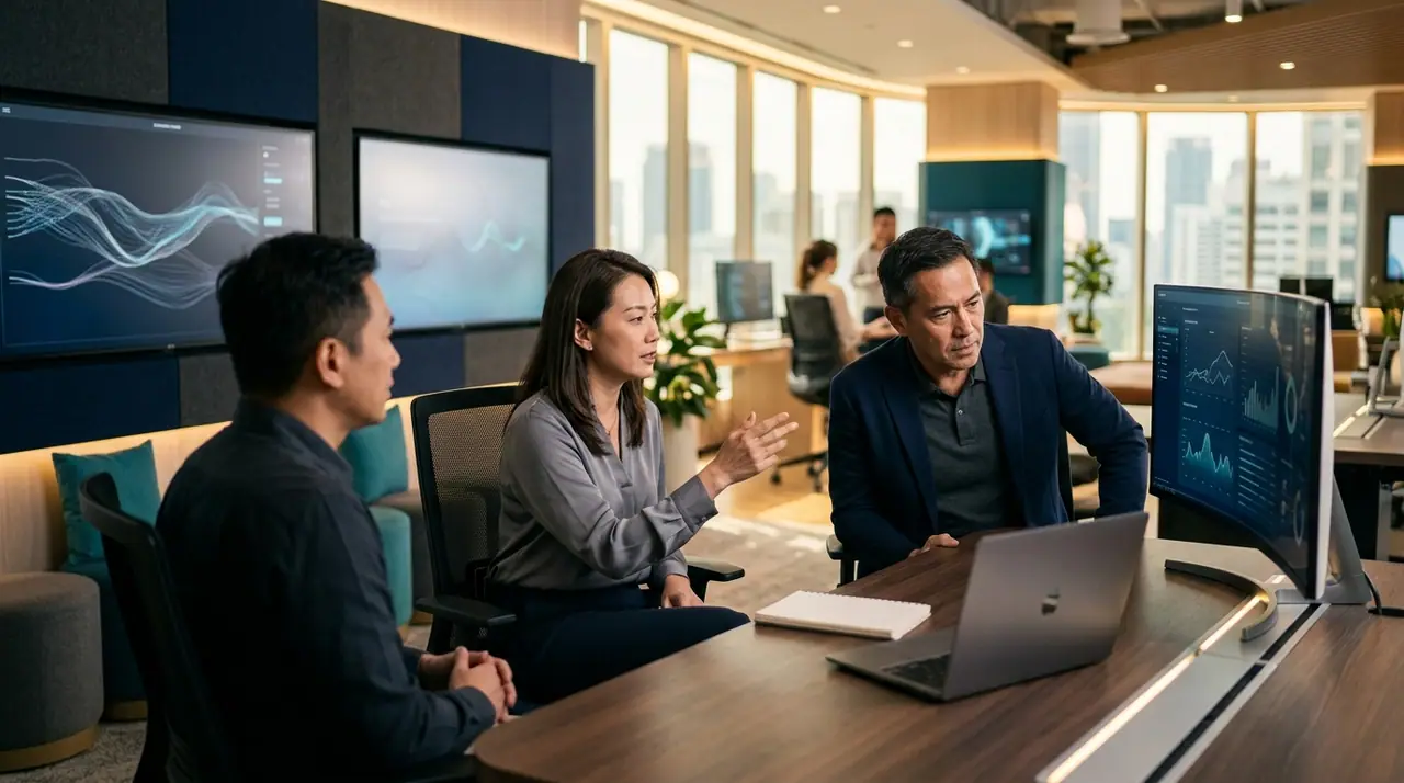 A bright, modern Singapore training and operations space where mid-career professionals work alongside screens and AI interfaces, conveying reskilling and human-machine collaboration