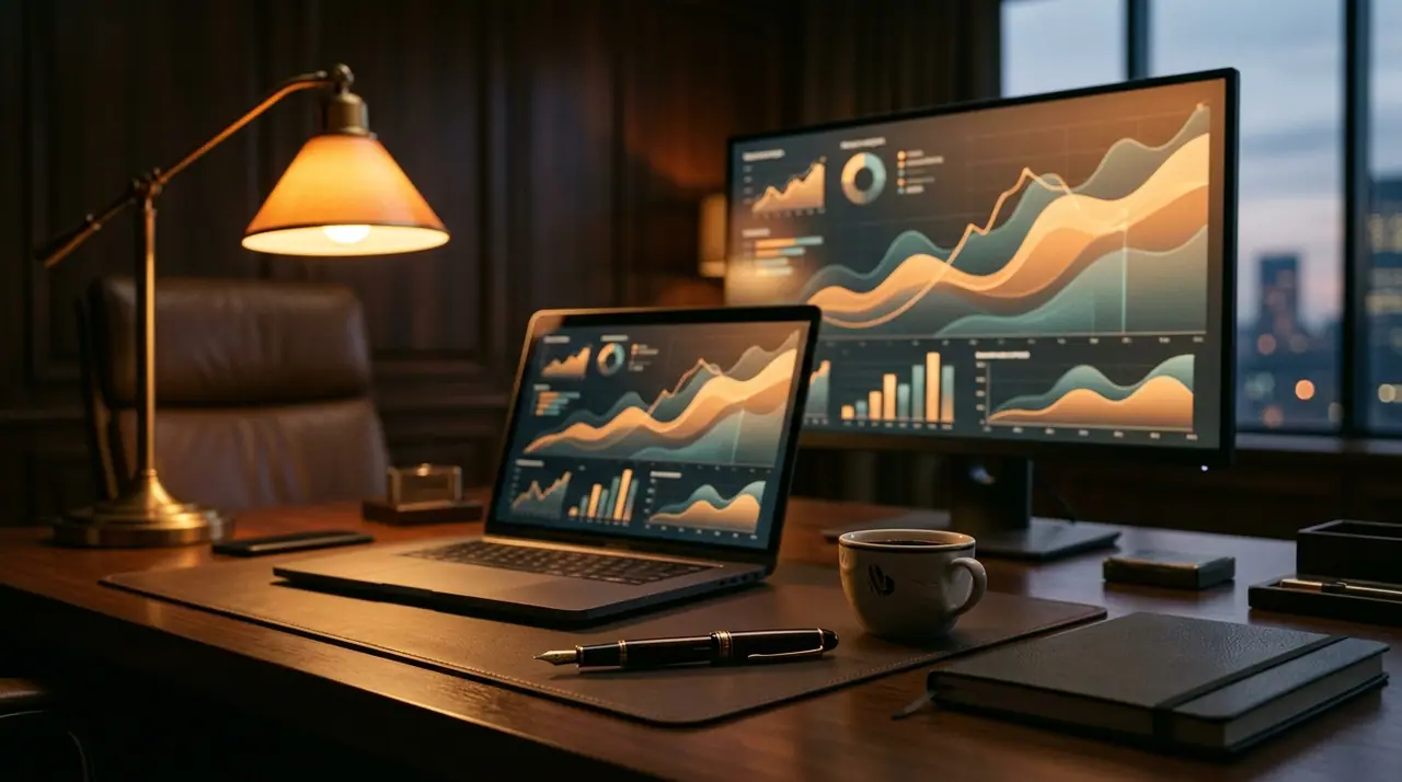 An executive's desk with an income statement and analytics on screen, warm light, conveying the financial story of AI-driven operating leverage rather than headcount cuts
