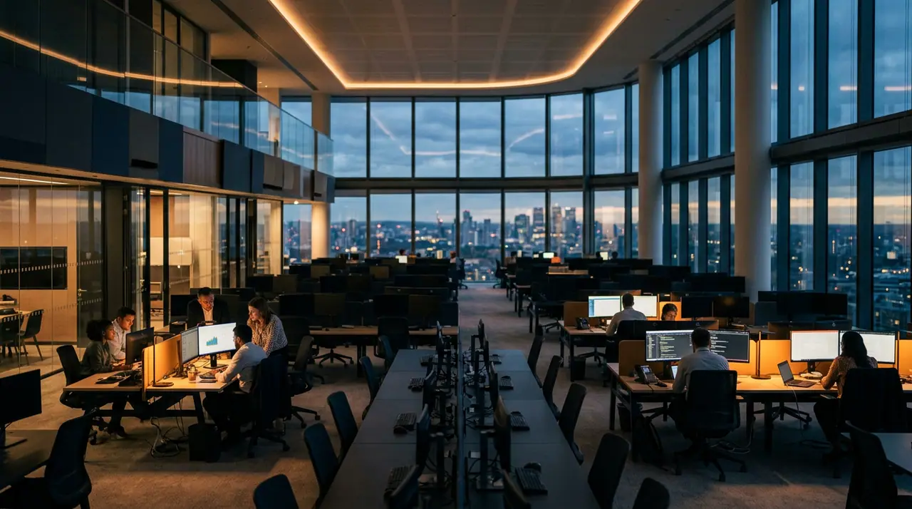 A vast corporate office floor at dusk, half the workstations dark and half glowing, suggesting a knowledge workforce being quietly rearchitected rather than emptied out