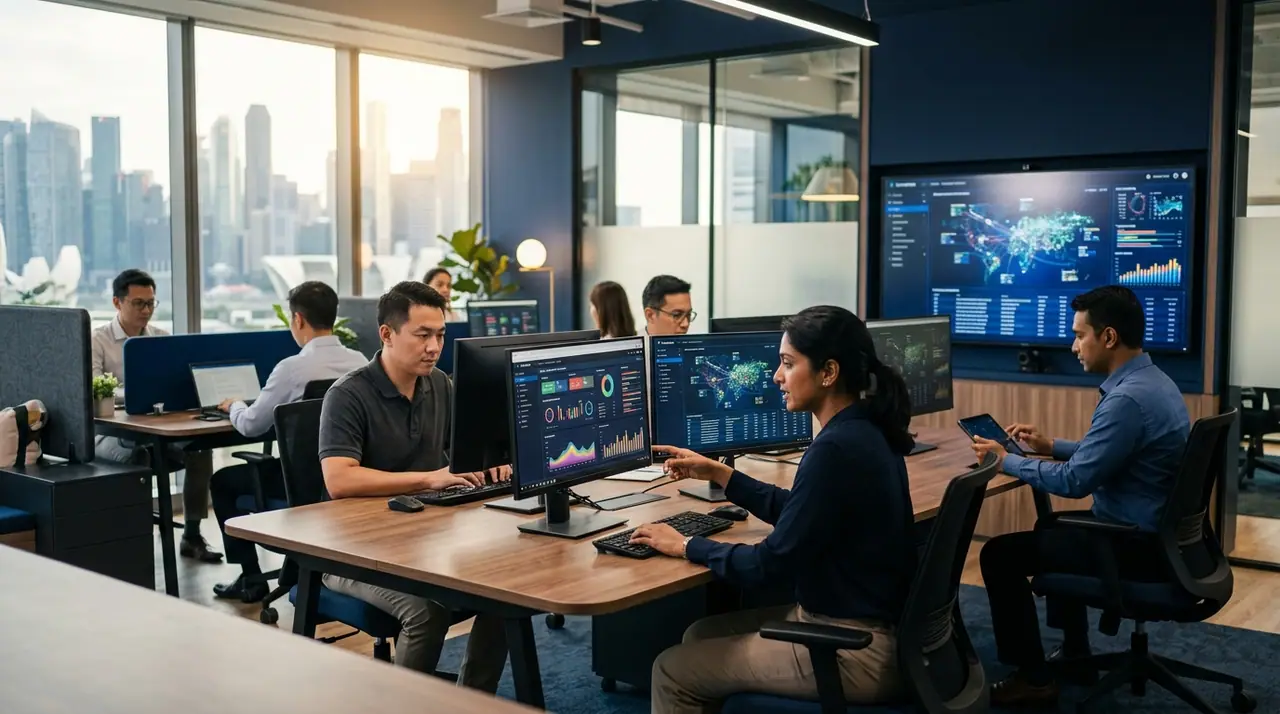 A bright, modern Singapore operations and training space where mid-career professionals work alongside AI interfaces and dashboards, conveying reskilling and human-machine collaboration rather than displacement