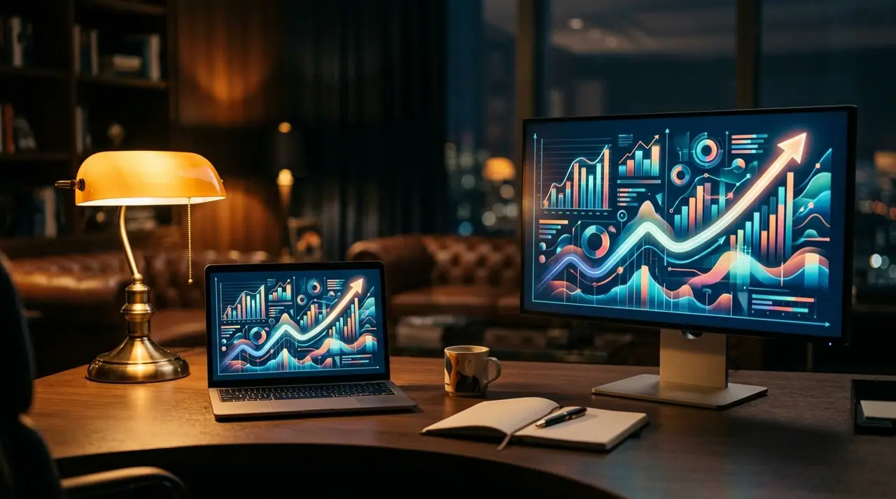 An executive desk at warm hour with an income statement and analytics dashboard on screen, conveying the financial story of AI-driven operating leverage rather than a headcount chart