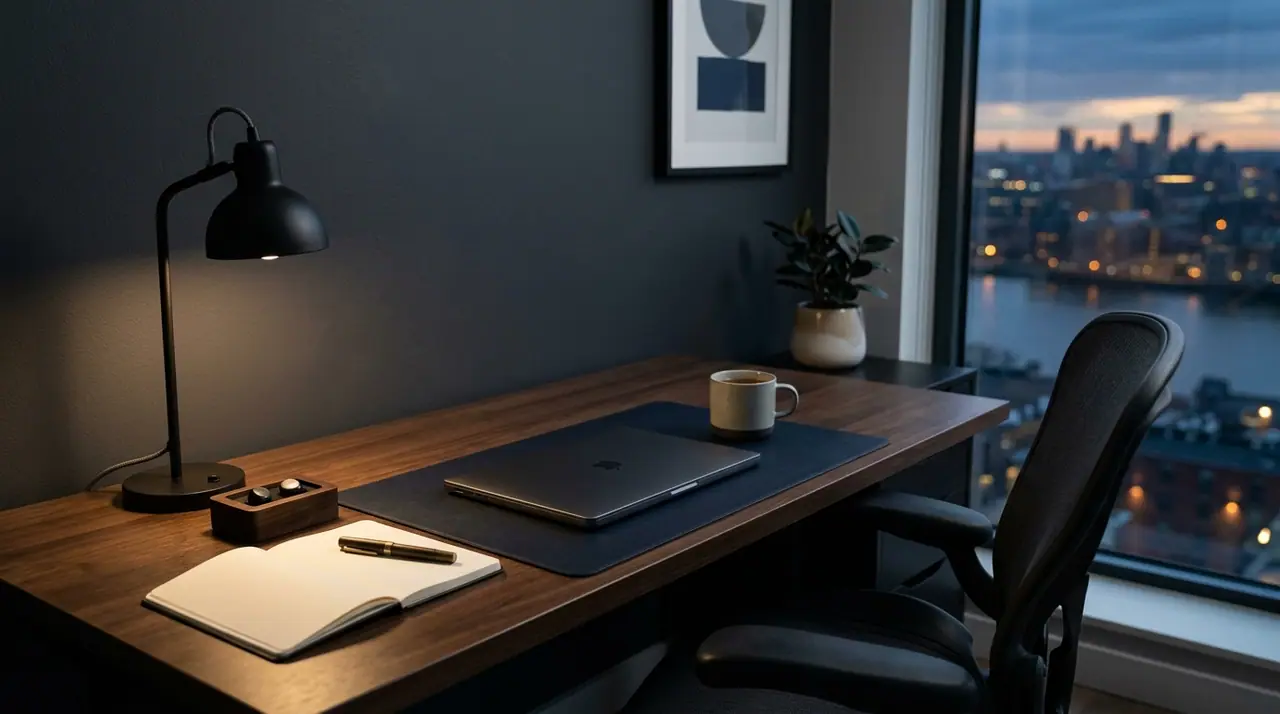 A single calm, precisely organised modern workspace at dawn, deliberately uncrowded, conveying disciplined restraint and quality over scale