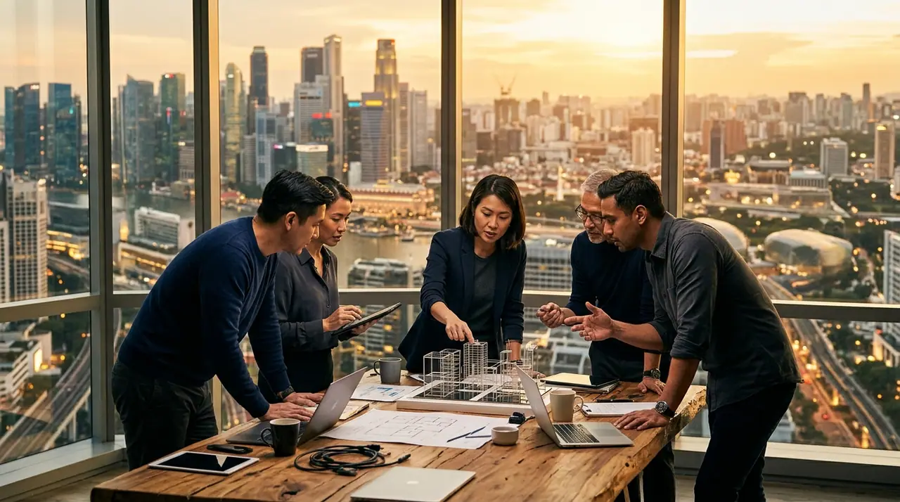 A symbolic Singapore scene at golden hour blending dense human collaboration with quiet technological infrastructure, conveying productivity within constraint
