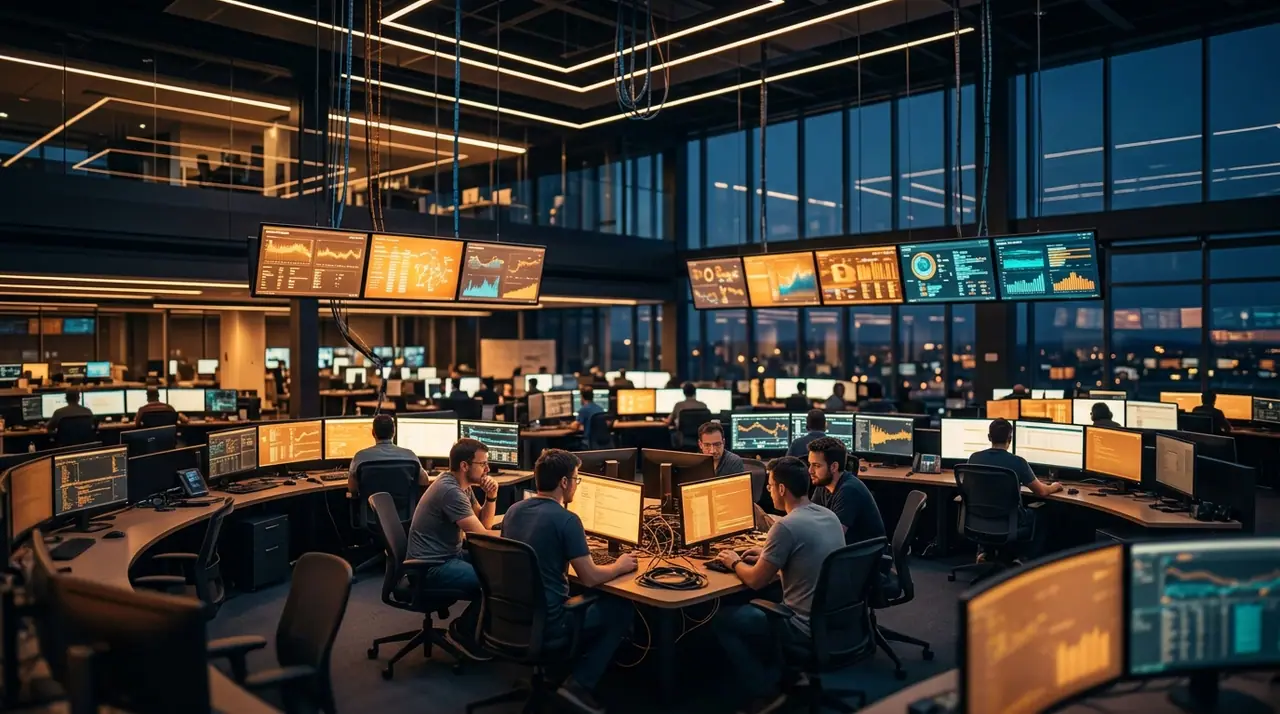 A vast modern technology operations floor at dusk, glowing data dashboards above small clusters of people, warm amber light against deep navy and charcoal, cinematic shallow depth of field