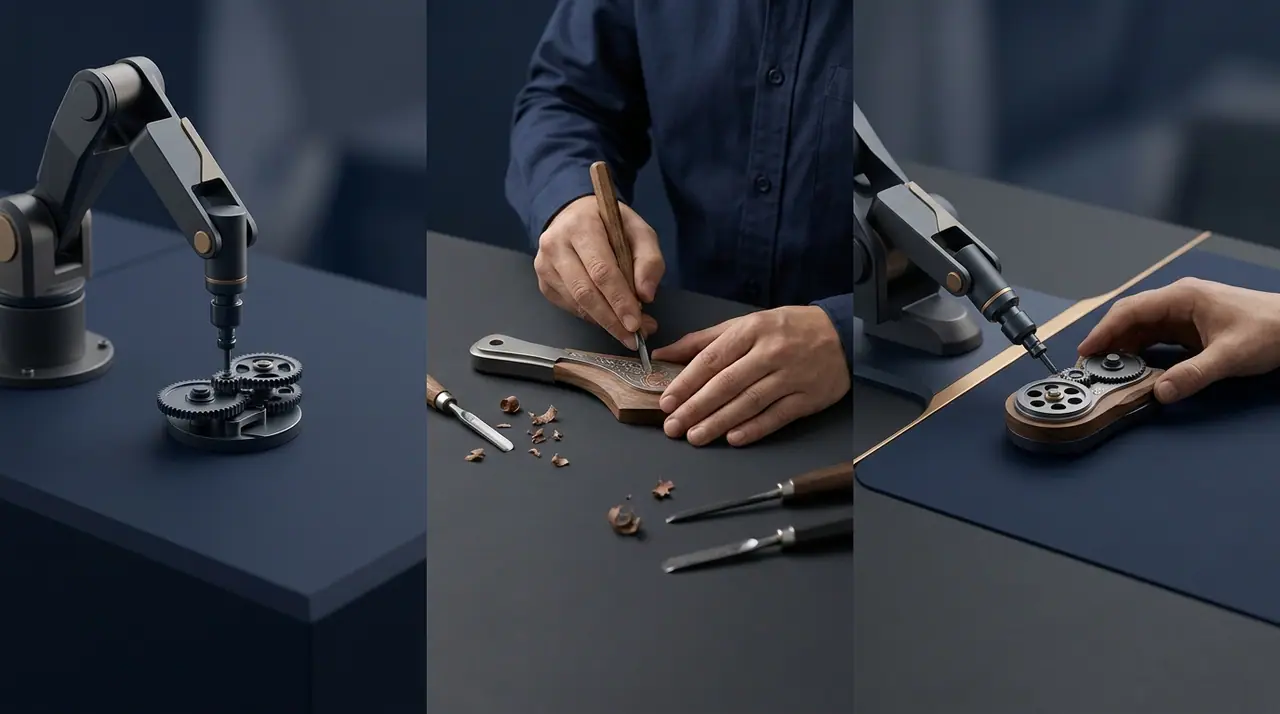 A clean conceptual three-part composition suggesting machine work, human work, and the two combined, rendered in minimalist navy and charcoal with a single warm gold accent, soft studio light, no text