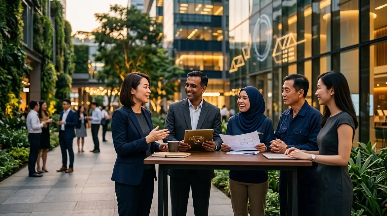A bright Singapore scene blending public institutions, employers and workers in collaboration with subtle technology motifs in the background, warm natural light, sophisticated editorial composition, shallow depth of field, no text