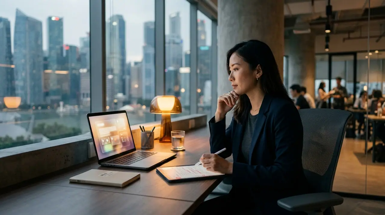 A marketing copywriter at a Singapore desk reviewing AI-drafted content on screen, the human in the role of editor and curator