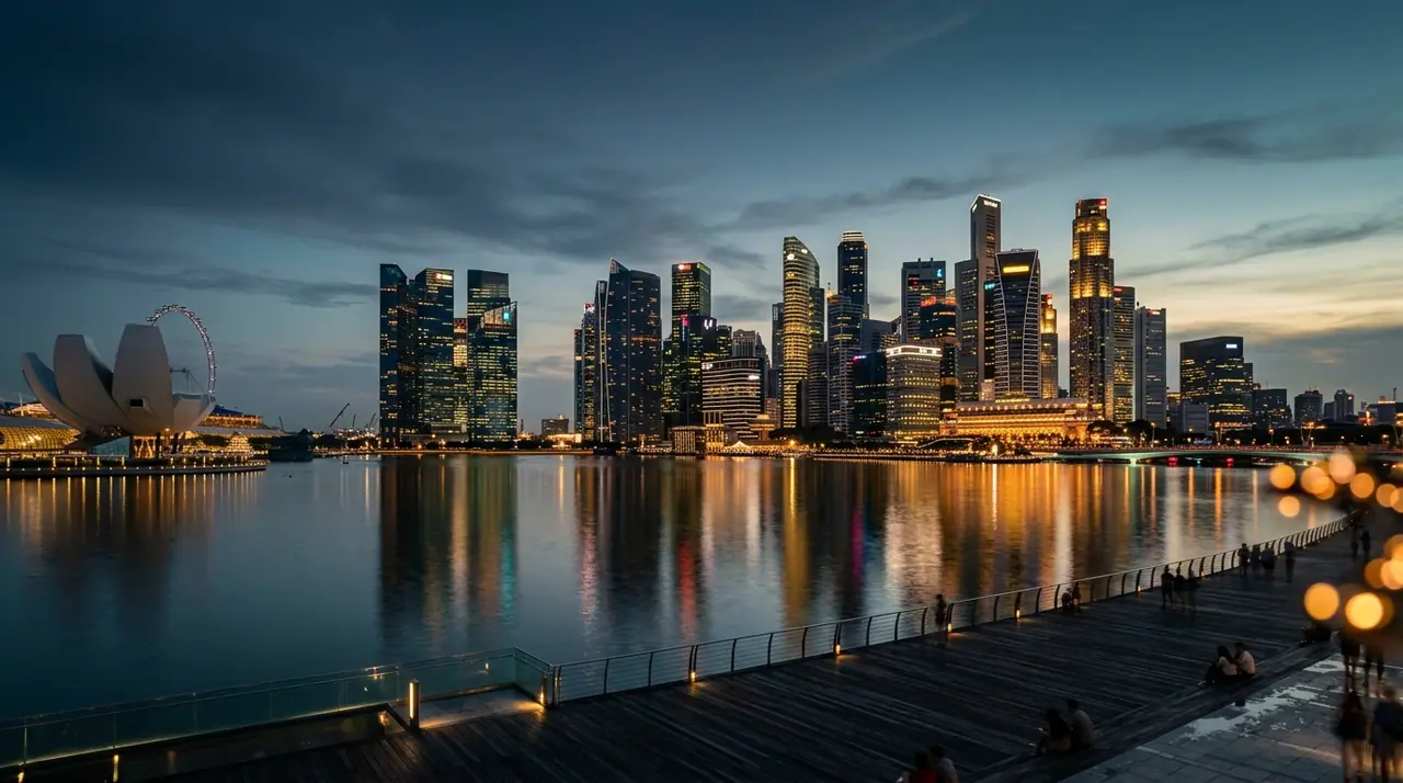 The Singapore skyline at dusk evoking the regulated, high-trust market context shaping AI-era marketing roles
