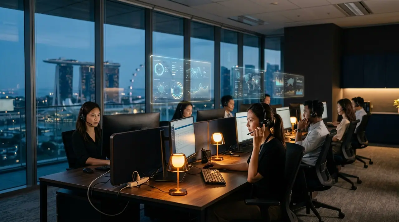 A modern Singapore customer-service operations floor where AI dashboards and human agents share the same space