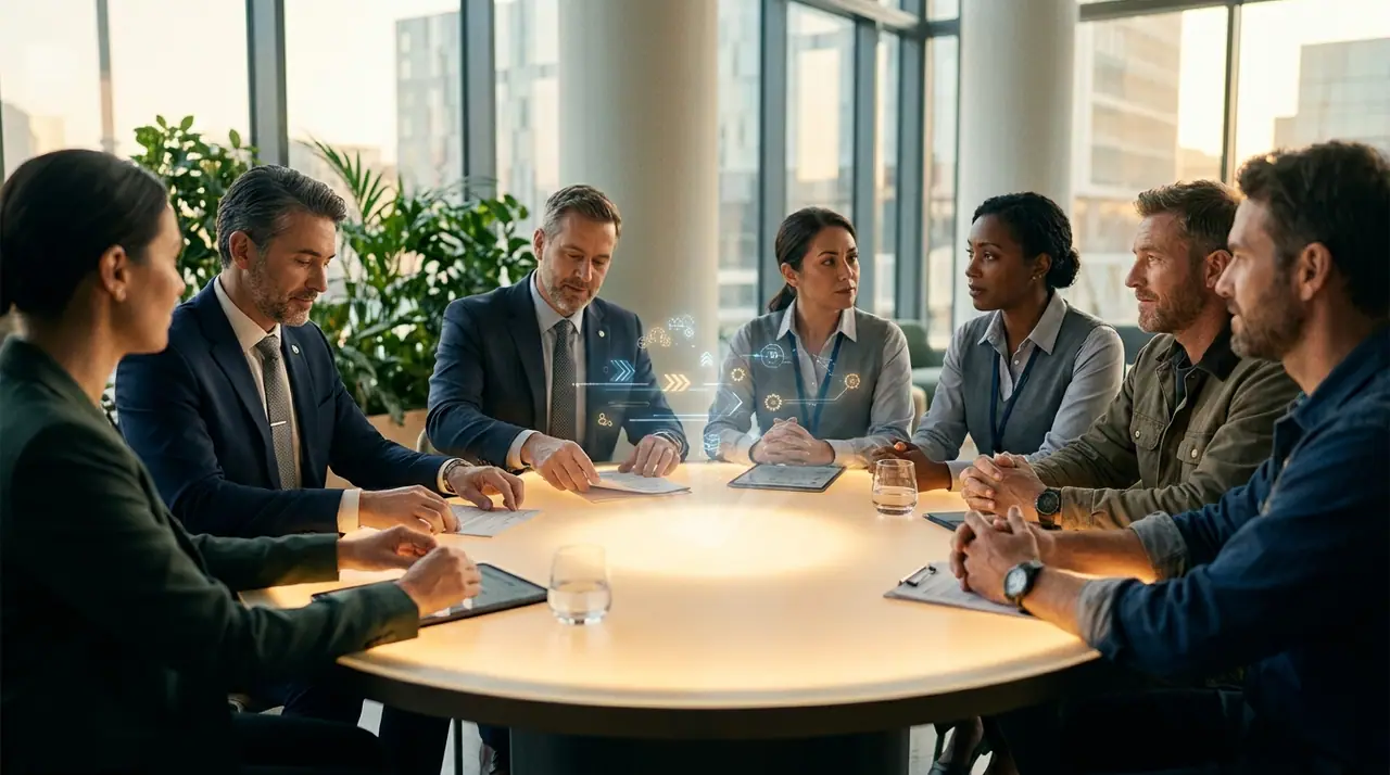 A Singapore tripartite scene blending public agencies, employers and workers with subtle technology and reskilling motifs