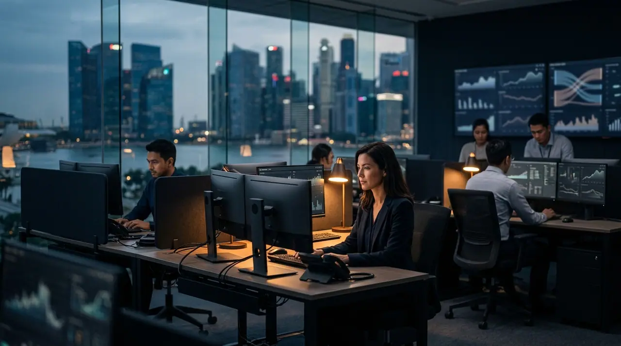 A modern bank operations floor in Singapore where data dashboards and human teams share the same space