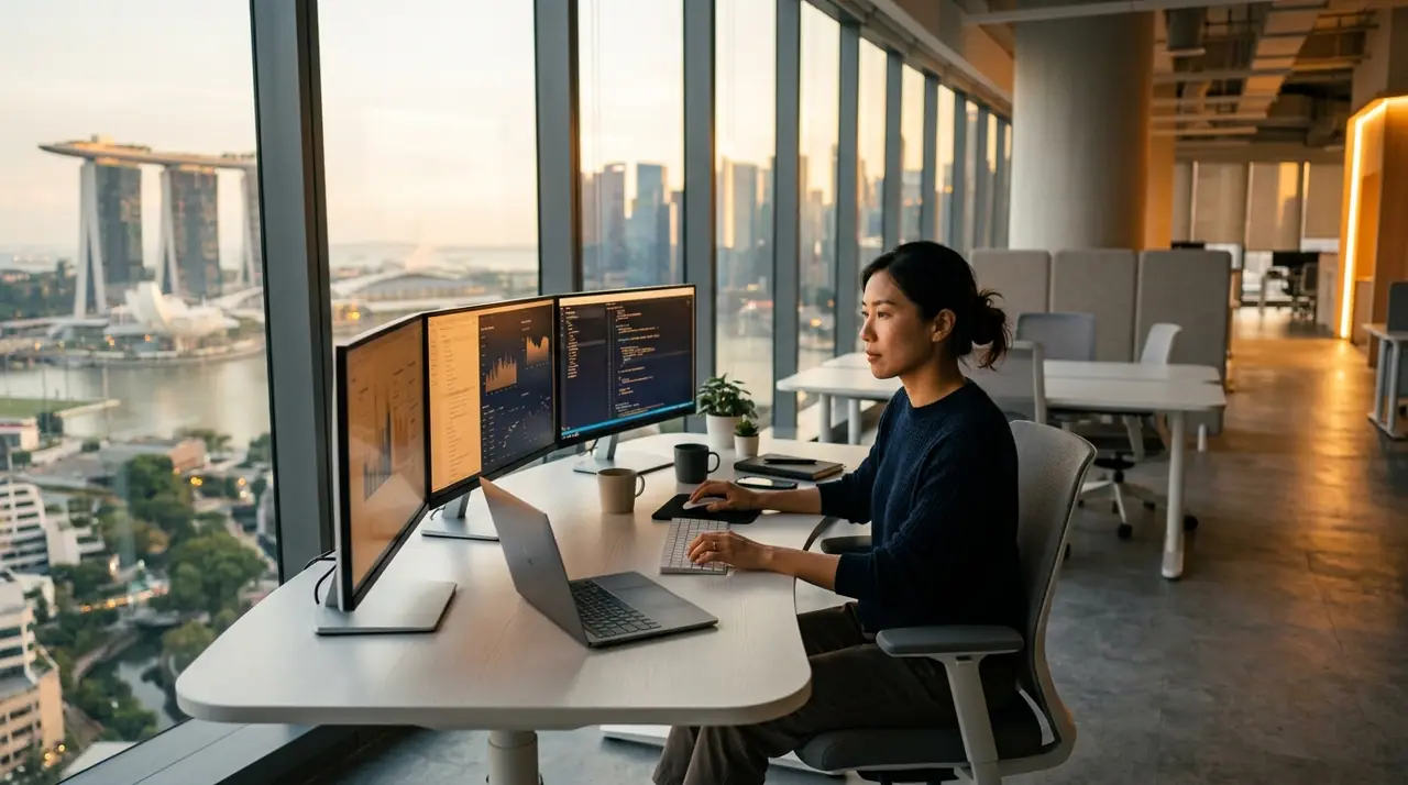 A minimalist open-plan Singapore office at golden hour, single worker at a curved desk surrounded by soft screens, shallow depth of field, navy and warm amber tones, no text
