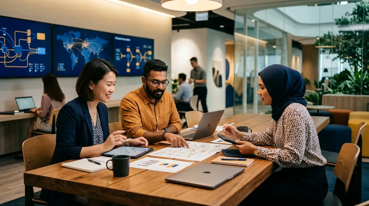 A diverse group of Singapore professionals in a collaborative workshop setting, warm indoor light, screens showing data flows and process maps, navy and amber palette, no text or logos