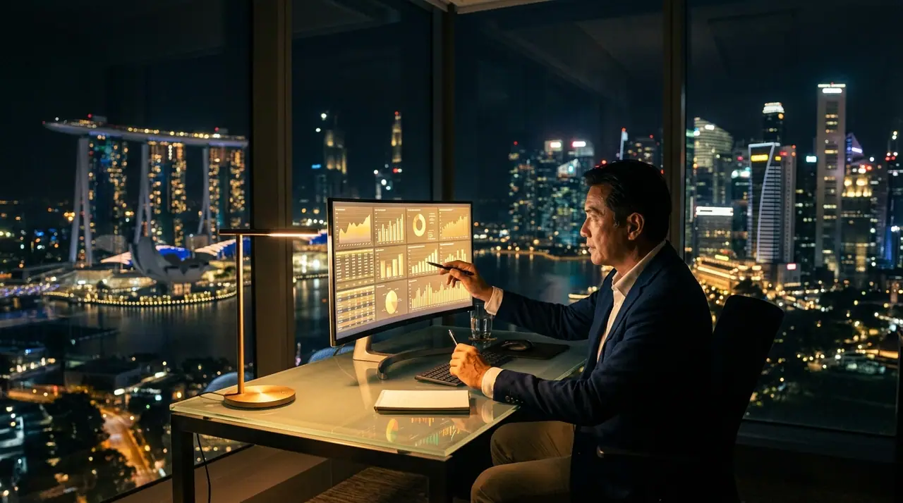 A Singapore financial district office at night, one executive at a glass desk reviewing income statement charts, warm amber desk light against dark city skyline backdrop, shallow depth of field, no text