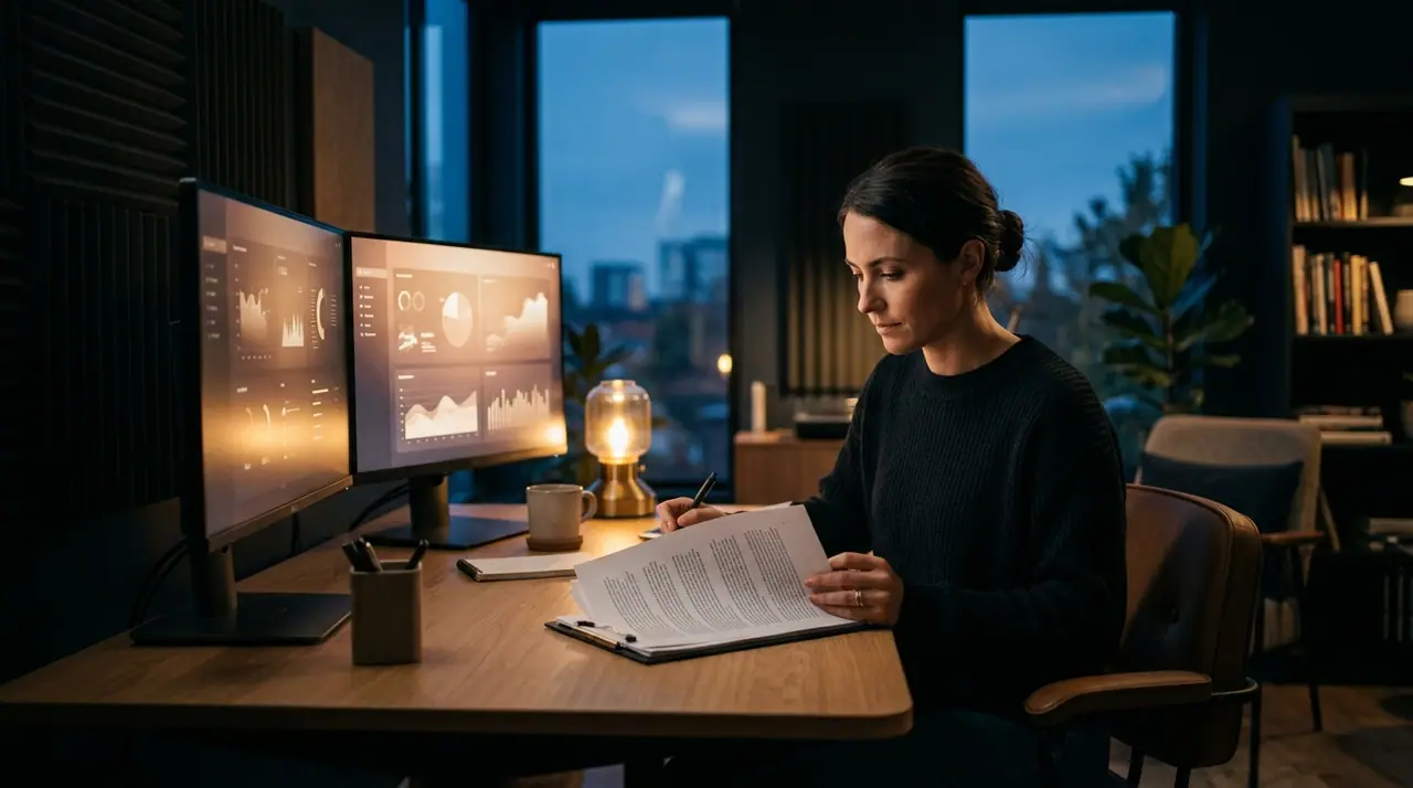 A content studio at dusk where a human editor reviews work alongside glowing AI-assisted screens, warm light against deep navy
