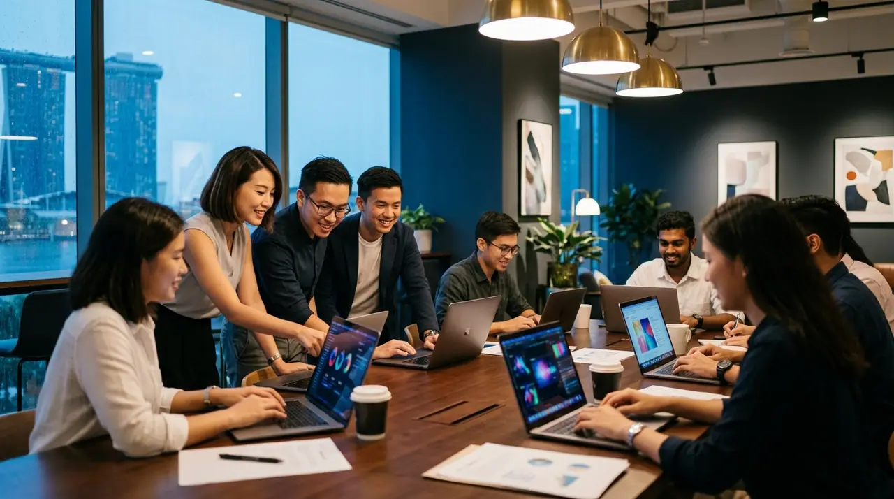 A Marina Bay creative and marketing team in a bright modern office, human strategists collaborating with AI tools on screens, warm gold accents against deep blue