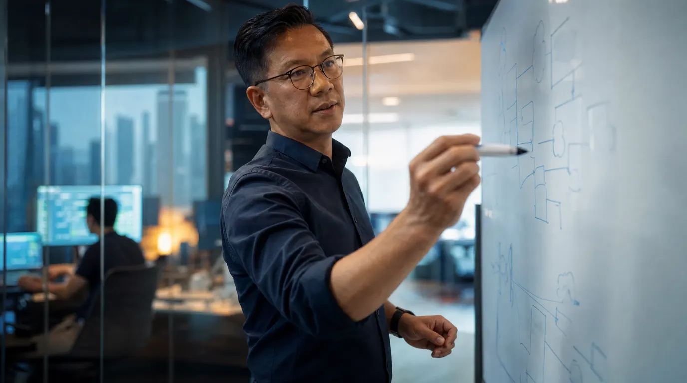 A senior software architect at a glass-walled Singapore office, sketching system diagrams on a whiteboard with faint code visible on screens behind, shallow depth of field, cinematic navy and warm light tones