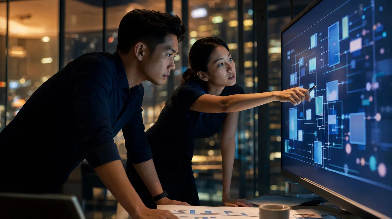 A Singapore engineer pair-reviewing an architecture diagram on a large monitor, both leaning in, system boxes visible on screen, warm evening light through office glass, cinematic navy-charcoal tones