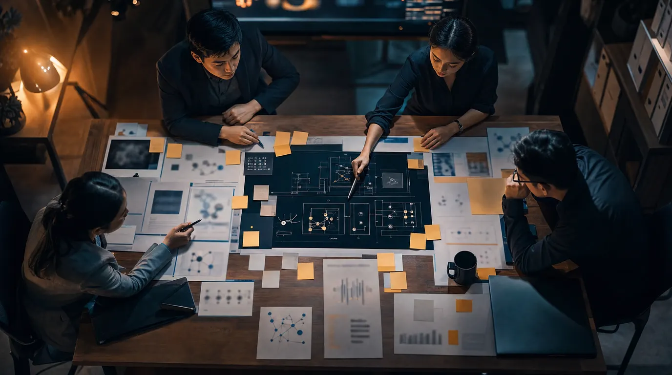 A clean conceptual overhead view of an engineering team's project board, sticky notes and system sketches arranged around a central architecture diagram, charcoal and warm amber accent light, cinematic and abstract