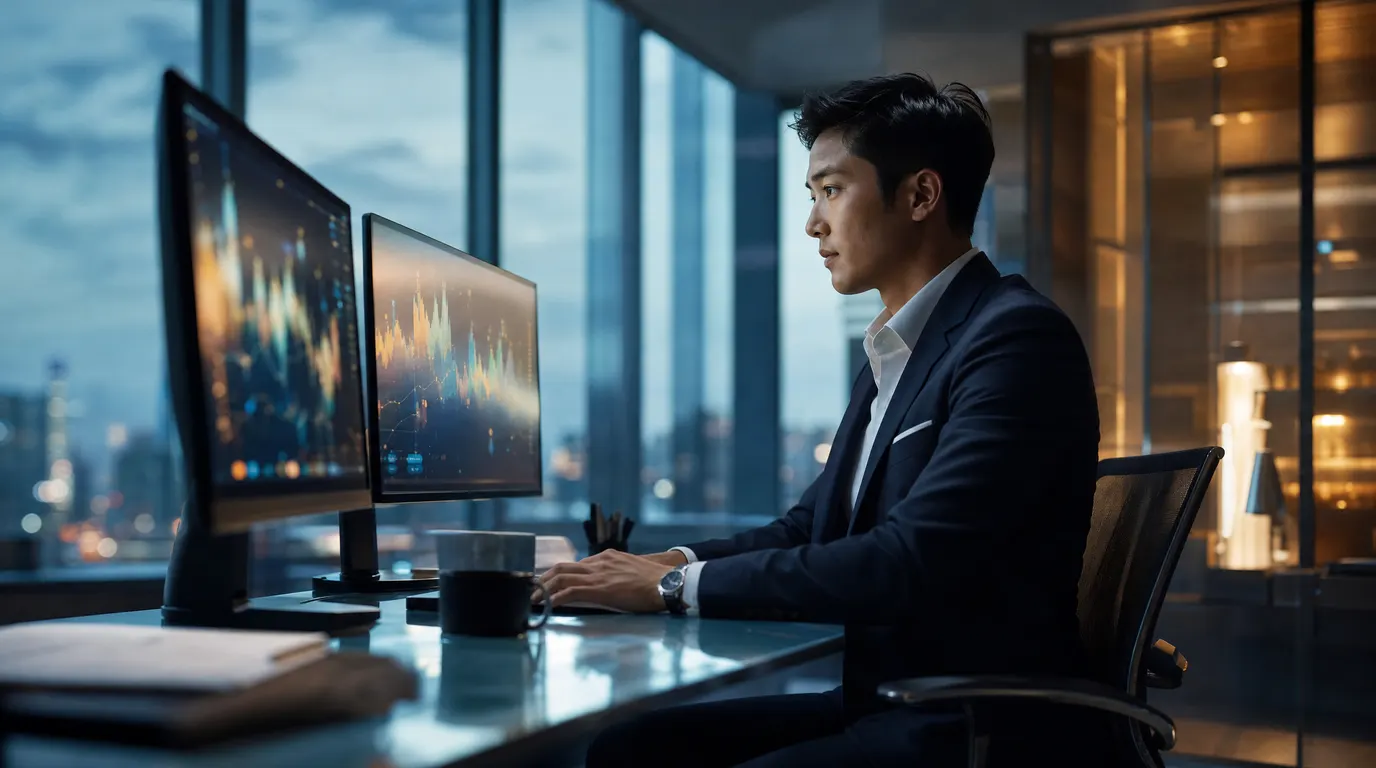 A finance professional working at a glass desk with a dual-monitor setup, abstract data visualisations on screen, cinematic natural light filtering through floor-to-ceiling windows, dark navy interior, shallow depth of field, no text or logos
