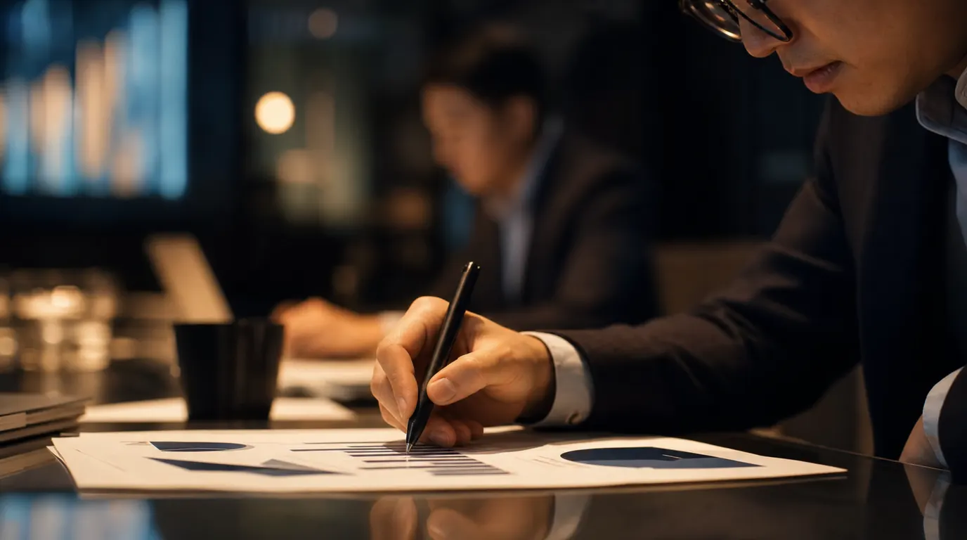 Close-up of a finance professional's hand annotating a printed graph in a quiet meeting room, warm incandescent light, charcoal and cream tones, shallow depth of field, professional and contemplative atmosphere, no text or logos