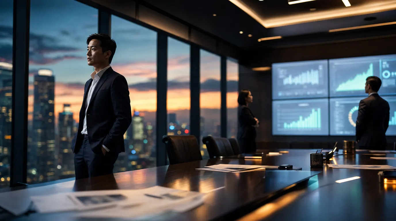A vast corporate boardroom at twilight with empty leadership chairs and glowing analytics screens projecting workforce data, conveying the scale of organisational rethinking underway