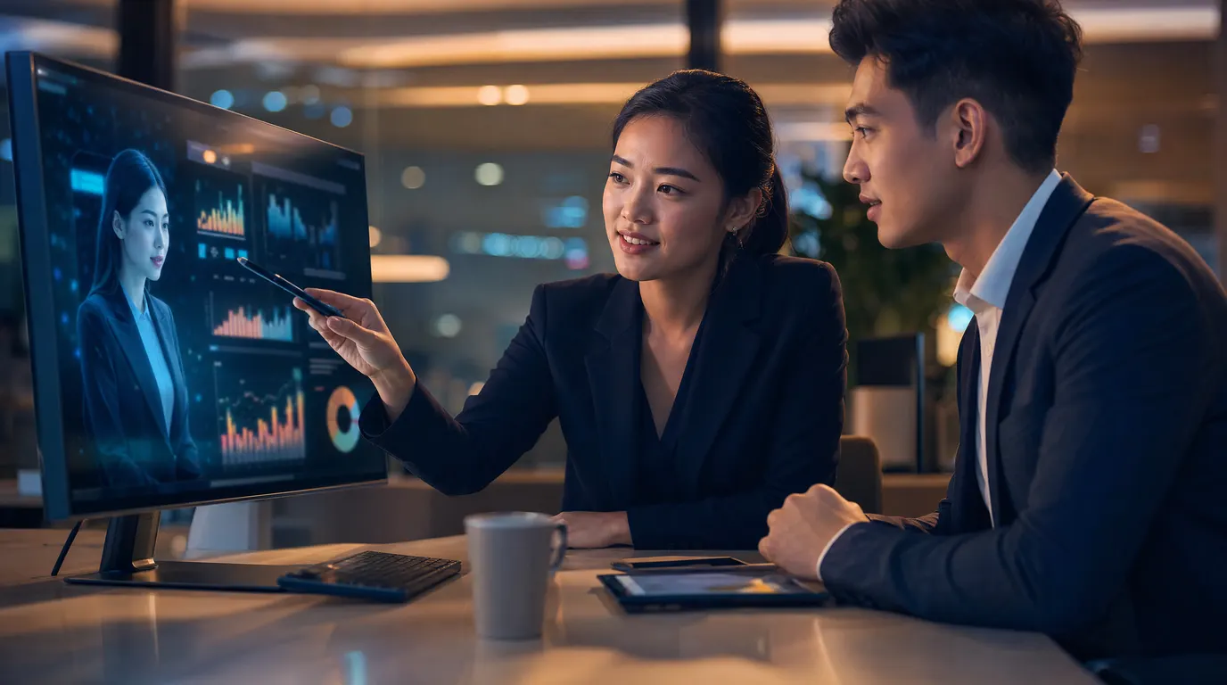 Two professionals in a sleek Singapore office reviewing an analytics dashboard together, one human and one virtual agent interface on-screen, warm editorial light, conveying human-AI collaboration