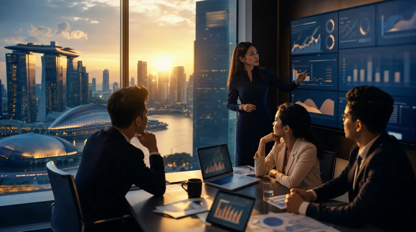 A modern Singapore skyline at golden hour framed through an office window, a team working in the foreground with a clean analytics dashboard visible on the wall, conveying strategic momentum and local context