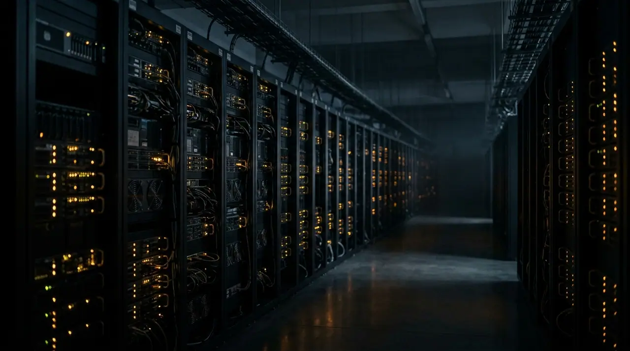 A vast, dimly lit data centre corridor receding into shallow-focus darkness, rows of server racks glowing faintly with warm amber indicator lights, cinematic and editorial.