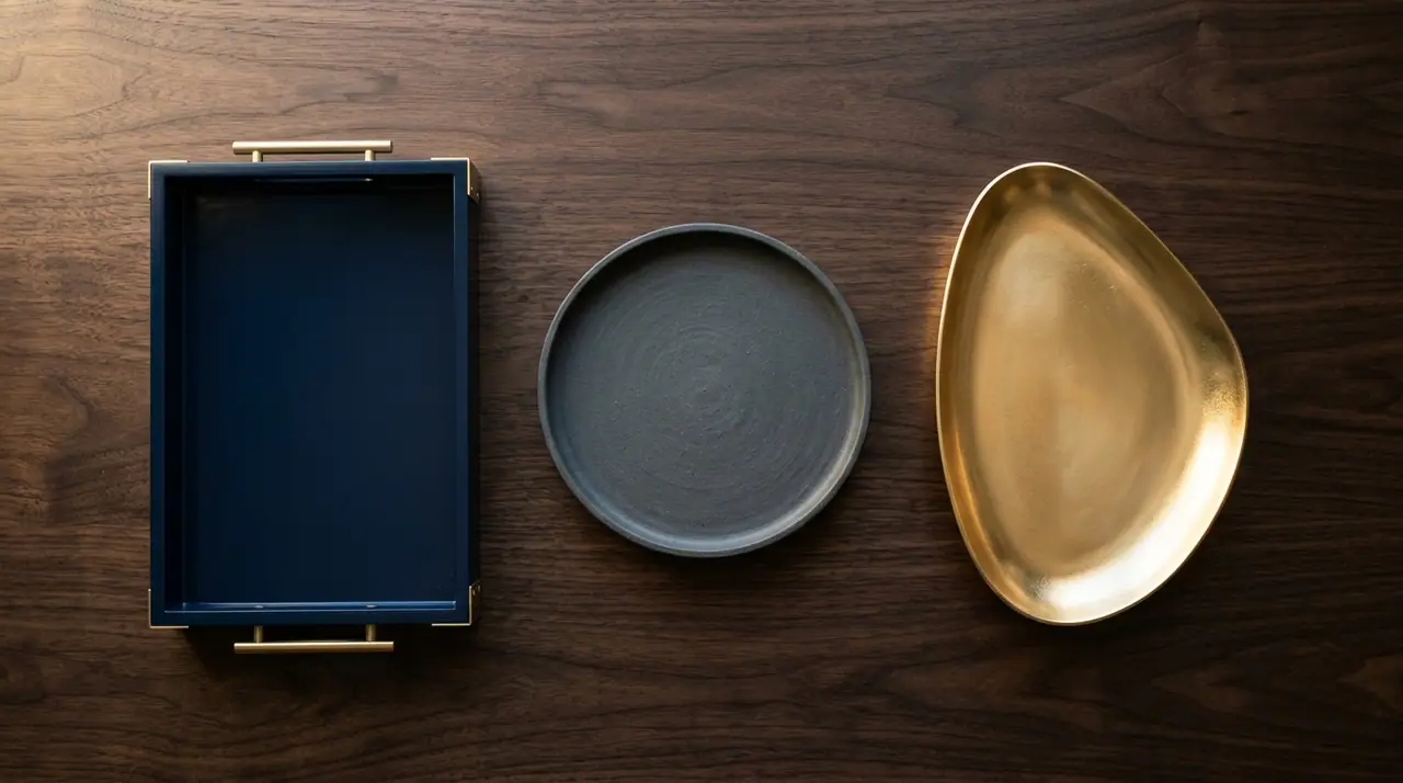 A clean overhead flat-lay of three distinct empty trays on a dark walnut desk, soft directional light, one tray catching a warm highlight, minimalist and conceptual, no text.