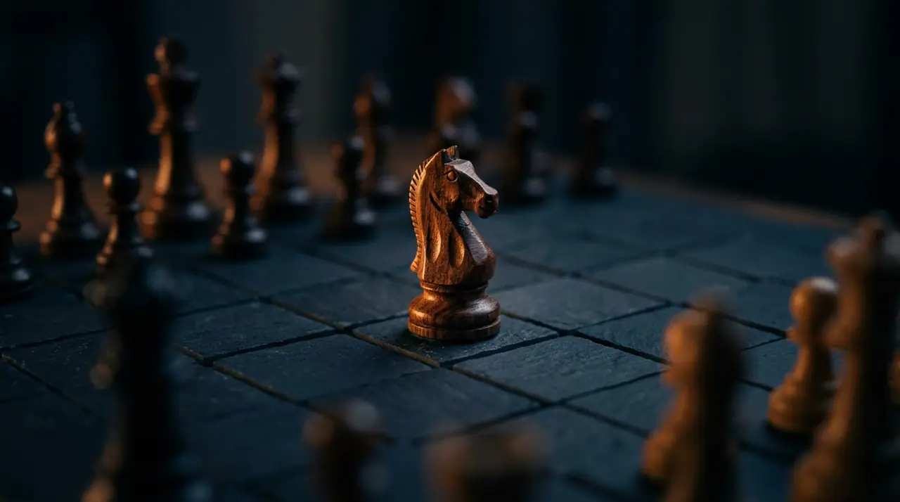 A single chess knight piece in warm focus on a dark slate board, the surrounding pieces falling away into shallow-focus shadow, cinematic editorial lighting, a sense of one deliberate move.