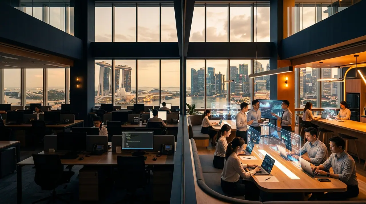 A split-view of a modern Singapore corporate floor at golden hour — on one side, traditional rows of identical workstations; on the other, an open and fluid collaboration space where humans work alongside glowing AI interfaces, shallow depth of field, cinematic, deep navy and charcoal tones with warm amber accents