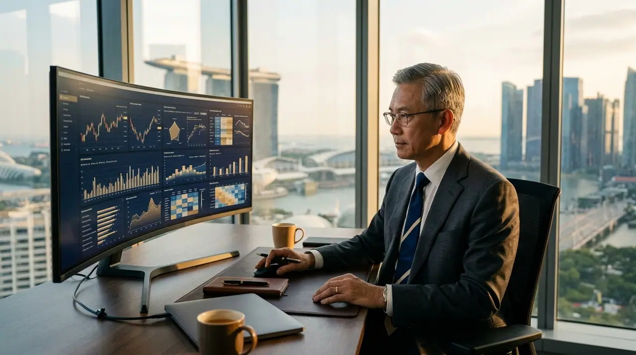 A senior professional in a Singapore financial district office reviewing layered data dashboards alongside AI-generated analysis, warm directional light through floor-to-ceiling glass, shallow focus on hands and screen, cinematic composition, charcoal and navy tones with warm gold accents