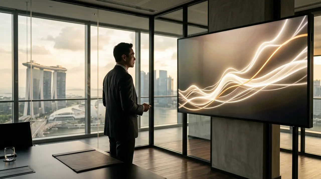 A Singapore executive in a glass-walled boardroom reviewing a rising revenue-per-employee chart on a large screen, warm afternoon light, cinematic lens compression, deep navy suit against charcoal and ivory tones, shallow depth of field on the graph