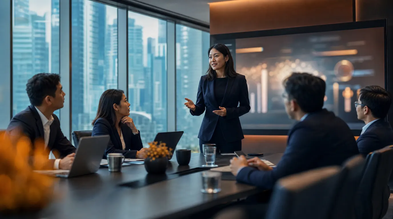 A Singapore boardroom where a senior HR leader presents an AI-era workforce redesign strategy, cinematic natural light, navy suits, warm amber accents, architectural interior, shallow depth of field