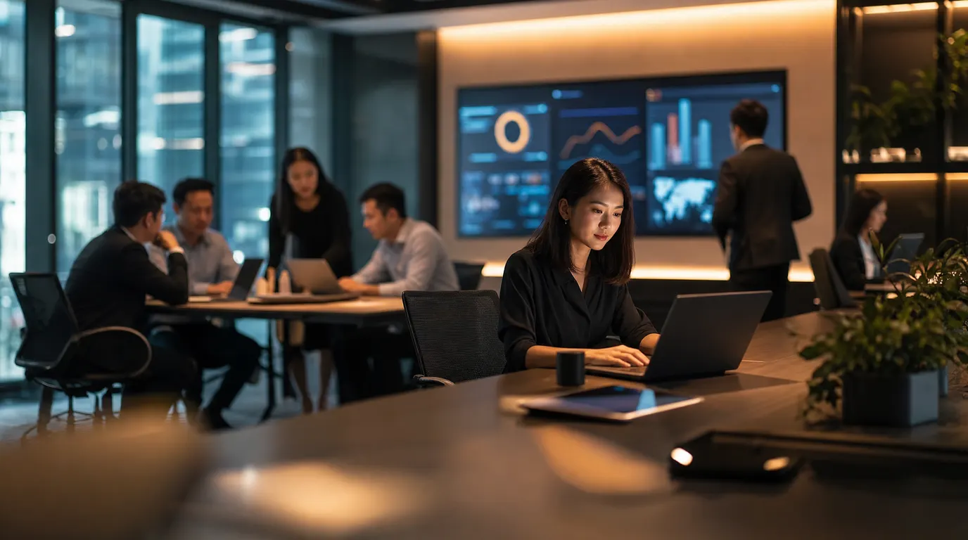 A modern Singapore HR operations hub with open-plan collaboration spaces, screens showing workforce analytics dashboards, soft natural light through floor-to-ceiling glass, deep charcoal tones with warm amber highlights, shallow depth of field
