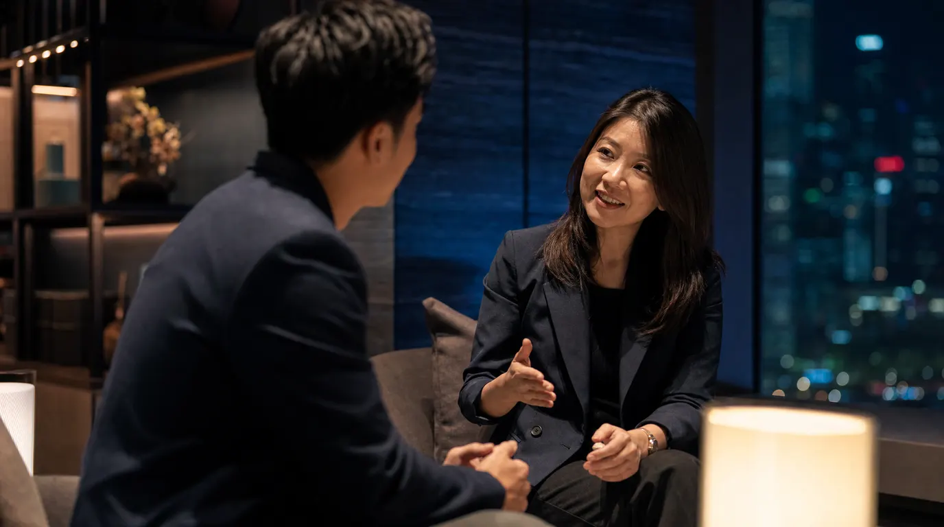 A Singapore HR professional in a coaching session with a younger employee, warm intimate light, textured navy and charcoal setting, framed city view in background, genuine human connection, shallow depth of field, no text