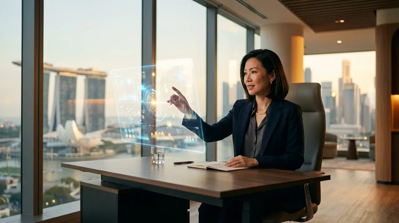 A Singapore office worker sitting beside a glowing AI interface, teaching it, lit by warm late-afternoon light through floor-to-ceiling windows