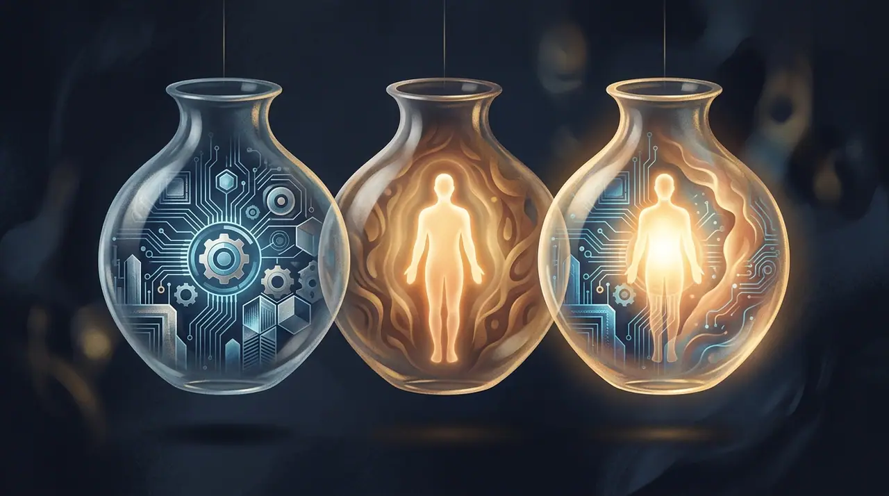 A clean conceptual diagram of three buckets — machine work, human work, and the overlap where they collaborate — rendered in sophisticated navy and warm tones