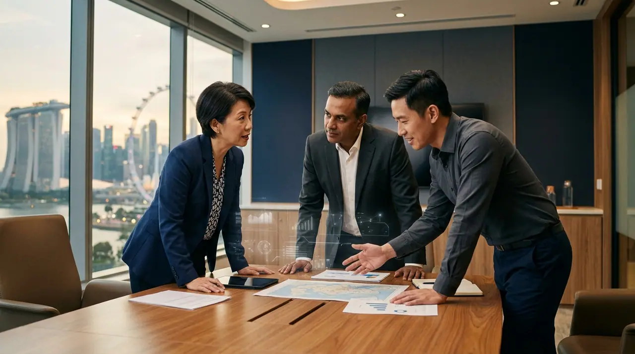 A Singapore tripartite scene — public-sector, employer and worker figures collaborating around a shared table, with subtle technology motifs in warm light