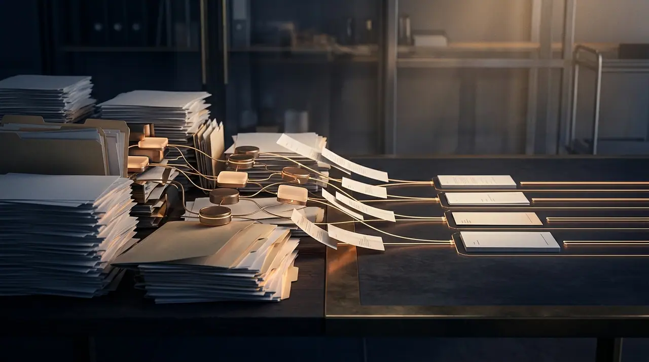 A precise editorial still life of a corporate back-office function being reorganised, papers and workflow nodes flowing from a dense cluster into ordered streams