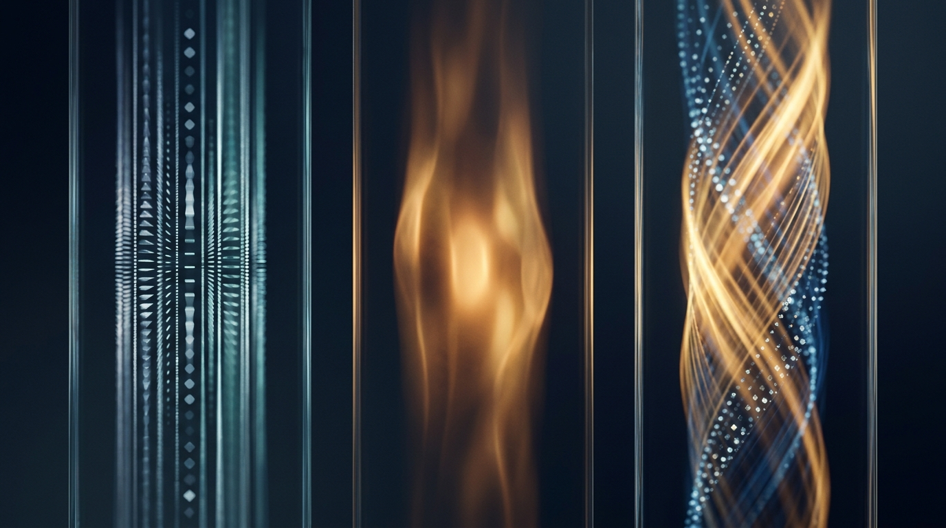 A conceptual triptych showing three modes of work — automated routine, human judgment, and human-and-machine collaboration — as three distinct flowing panels