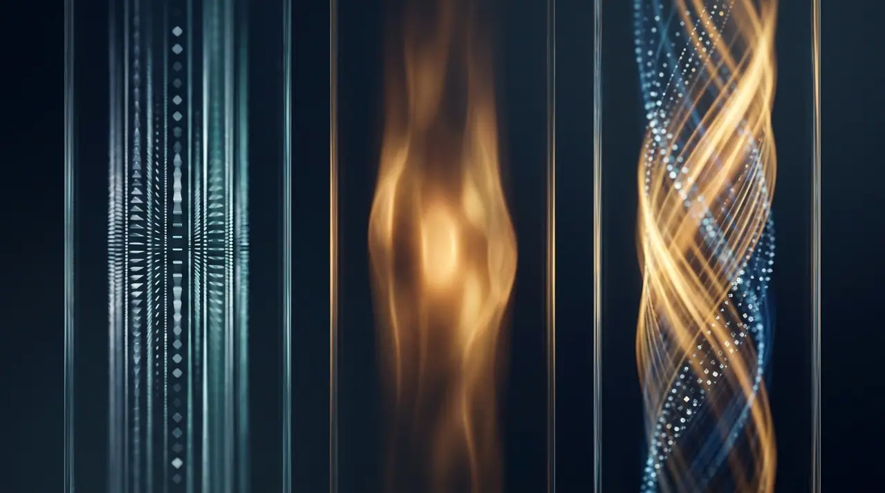 A conceptual triptych showing three modes of work — automated routine, human judgment, and human-and-machine collaboration — as three distinct flowing panels