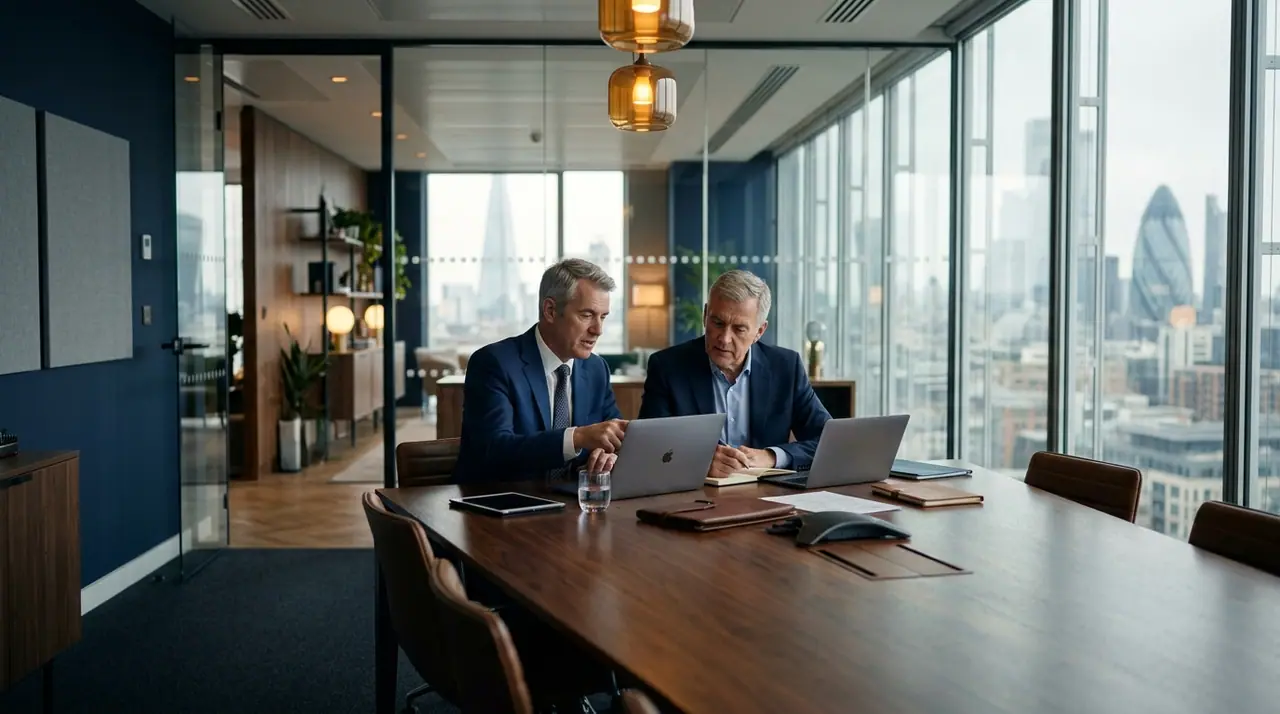 Senior banking professionals in a modern financial institution workspace, soft natural light, cinematic depth of field, navy and charcoal palette, warm accent light from screens, no text