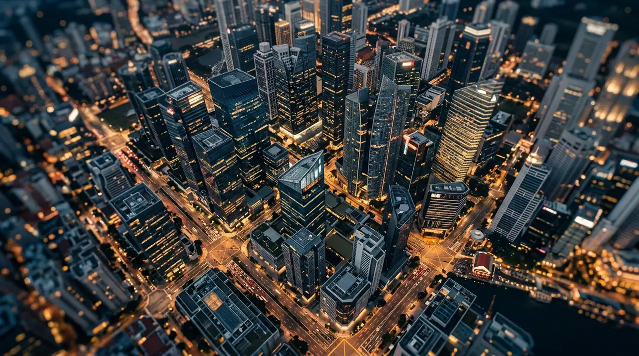 Abstract aerial view of Singapore's financial district at dusk, warm amber city lights reflecting on glass towers, cinematic shallow depth of field, dark navy sky, no text or logos