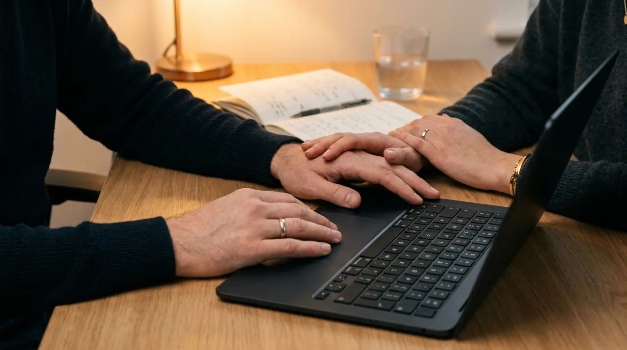 Close-up of human hands working alongside a laptop keyboard in a collaborative workspace, shallow depth of field, warm desk lamp glow, charcoal and cream tones, professional atmosphere, no text