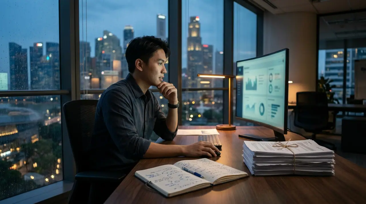 A young analyst at a desk in a modern Singapore office, AI dashboards glowing alongside printed work, conveying apprenticeship in transition